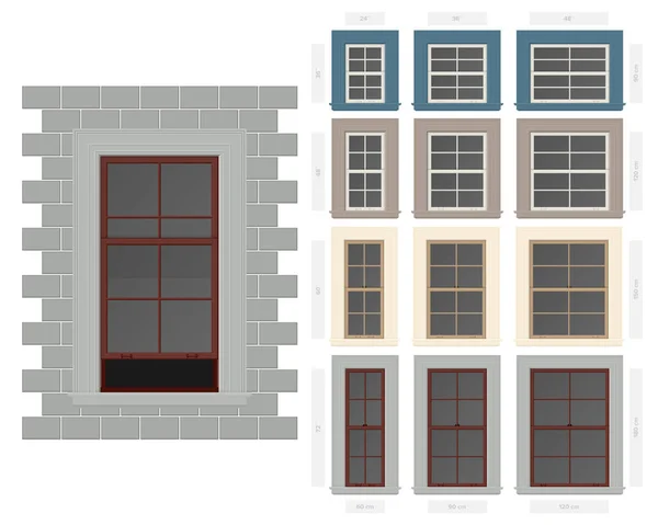 Vector solo colgado cuatro secciones de ventana típica en diferentes tamaños y colores — Vector de stock