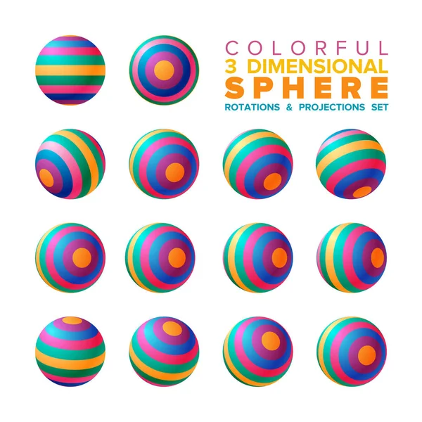 Vecteur 3d vibrant couleur rayé sphères rotations et projections ensemble — Image vectorielle