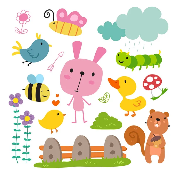 Animals Character Design Garden Vector Set — Stock Vector