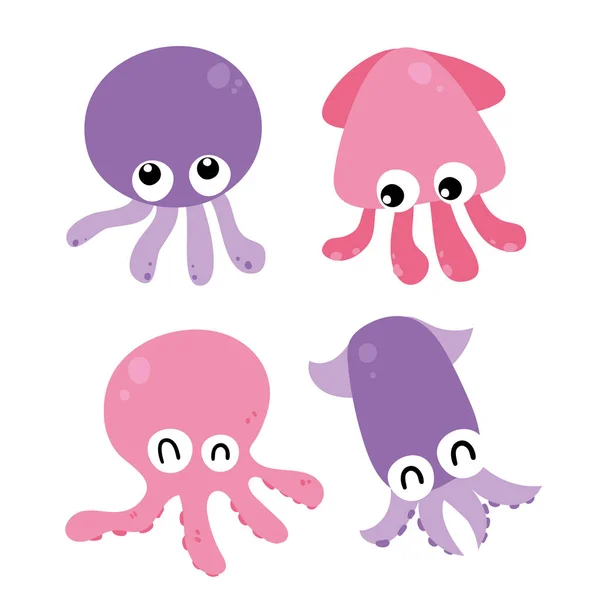 Squid Character Vector Design Ocean Charecter Design Sea Animals Set — Stock Vector