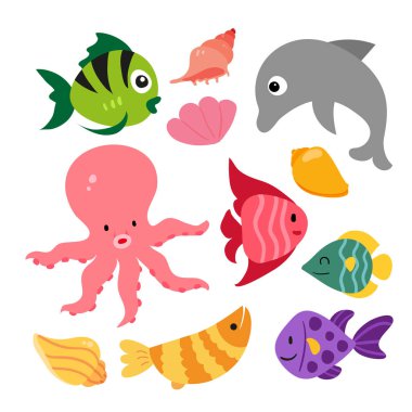 deniz yaşamı vektör toplama tasarımı, deniz hayvanları tasarım vektör