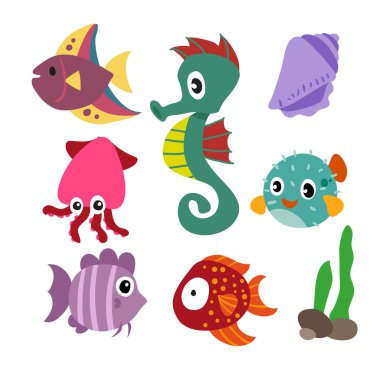 deniz yaşamı vektör toplama tasarımı, deniz hayvanları tasarım vektör