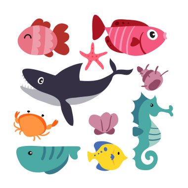 deniz yaşamı vektör toplama tasarımı, deniz hayvanları tasarım vektör