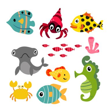 deniz yaşamı vektör toplama tasarımı, deniz hayvanları tasarım vektör
