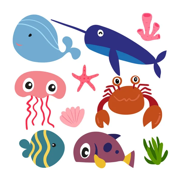 Deniz Yaşamı Vektör Toplama Tasarımı Deniz Hayvanları Tasarım Vektör — Stok Vektör