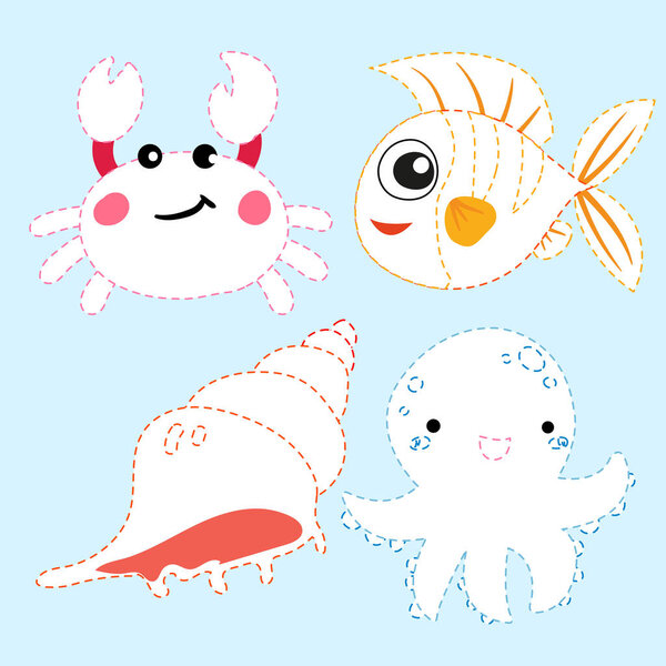 проектирование векторного рисунка океанской линии для малыша, рисунок вектора страницы животных
