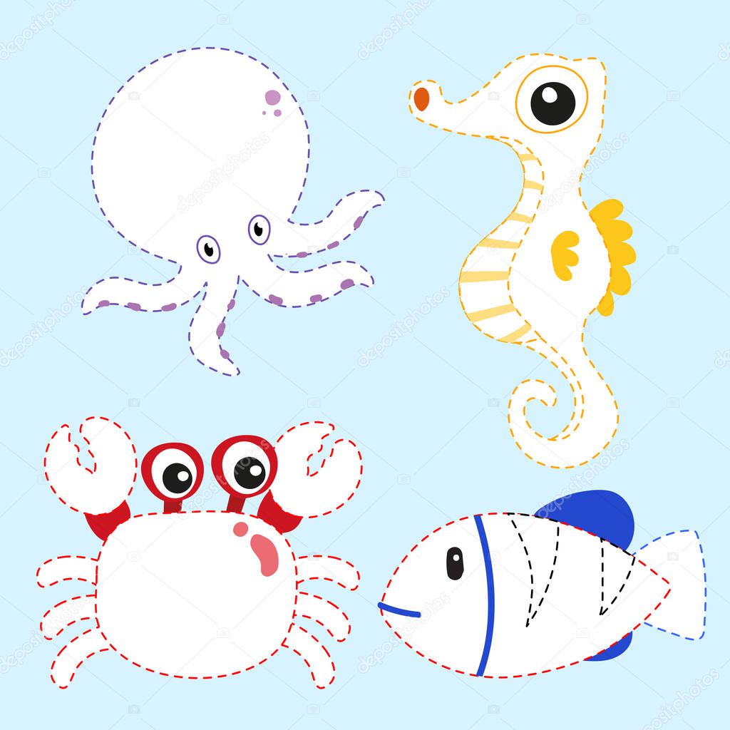 ocean line drawing vector design for kid, animals page coloring vector design