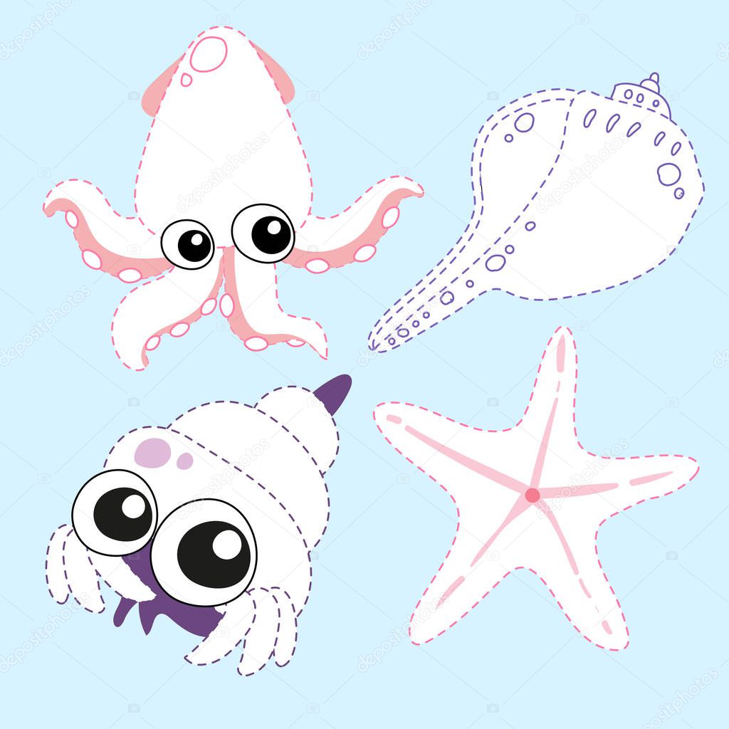 animals line drawing vector design for kid, ocean page coloring vector design