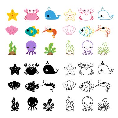hayvan karakter tasarımı, okyanus koleksiyon simgeler tasarımı