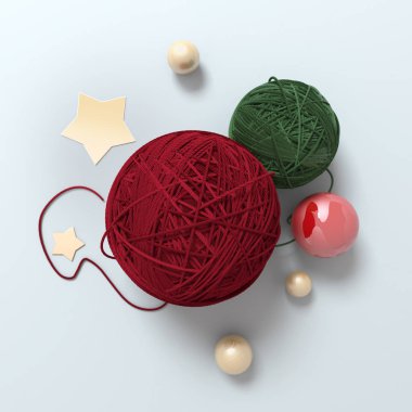 Noel top süsler ve iş parçacığı dekoratif bileşimi. 3D çizim