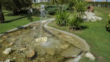 Yemyeşil ağaçlar ve palmiye ağaçları ile parkta küçük bir çeşme. Mesafe içinde bir sürahi su akar gördüm.