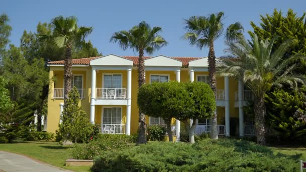 Tall palm trees grow on the background of the yellow building — Stock Video