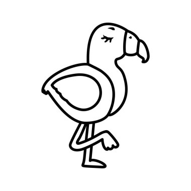 Beyaz arka planda, bir bacağında duran bir flamingonun siyah bir anahattı var..