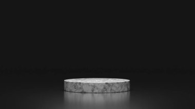 Yansıtıcı siyah bir yüzeye yerleştirilmiş düşük yuvarlak mermer kaidesinin 3 boyutlu görüntüsü. Pürüzsüz mermer dokusu koyu arkaplanla çelişiyor ve ürün sergisi veya lüks markalaşma için uygun zarif ve modern bir minimalist kompozisyon oluşturuyor.