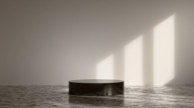 Alçak, yuvarlak, karanlık bir kaideyi bej bir duvara karşı mermer bir zemine yerleştirmiş. Yumuşak güneş ışığı bir pencereden girer, sakin, dengeli ve modern minimalist bir atmosfer yaratan uzun dörtgen gölgeler oluşturur..