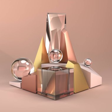 Şeftali, altın ve şeftali rengi ile şeftali rengi ve şeffaf arkaplandaki parlak kristallerin, kürelerin ve geometrik şekillerin karışımından oluşan 3 boyutlu bir sanat eseri..