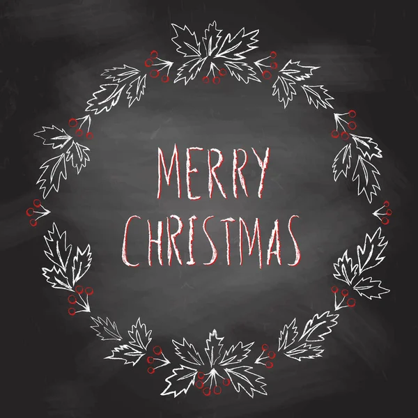 Hand Drawn Vector Chalk Holly Berry Wreath Merry Christmas Green — Stock Vector