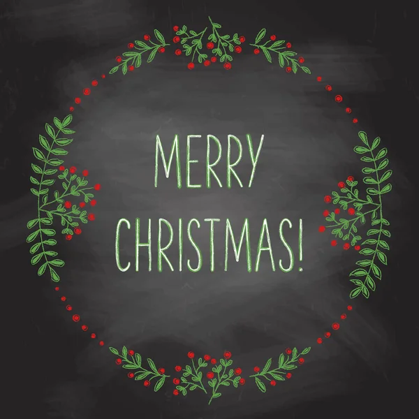 Ręcznie Rysowane Vector Holly Berry Wireath Merry Christmas Zielony Napis — Wektor stockowy