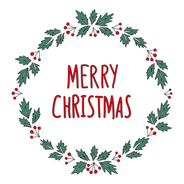 Elle çizilmiş Noel çelengi ile mutlu Noel mektupları. Skecthy Noel vektör dekorasyonu 