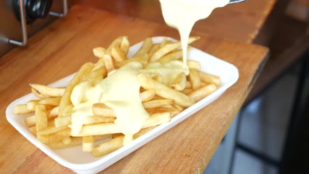 Top French Fries Cheese Sauce — Stock Video