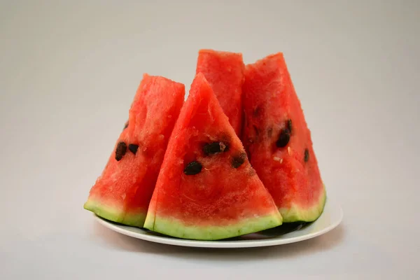 Röda Läckra Vattenmelon Vit Tallrik Vattenmelon — Stockfoto