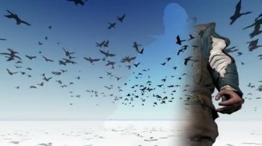 Screen.3d animasyon üzerinde uçan ve rendering Kuşlar sürüsü