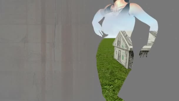 两个3D 动画混合媒体由现金和跳舞的女孩的房子 — 图库视频影像