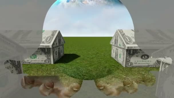 Vegyes Média Két Animációs Házról Készült Készpénz Kezében Globe — Stock videók