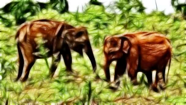 年轻的大象和他的家人吃干草 — 图库视频影像