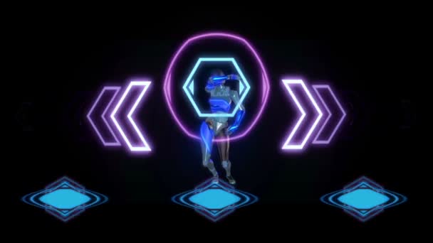 Robot Met Een Kunststof Gezicht Dansen Met Virtuele Holografische Interface — Stockvideo