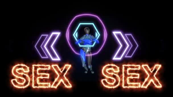 Animace Textu Slova Sex Pálení Ohně Přední Části Robota Který — Stock video