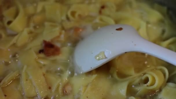 Boiling Water Ribbon Pasta Covered Steam — Stock Video