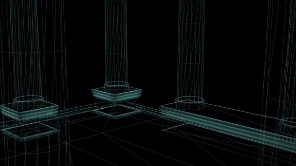 黒い背景にワイヤーフレームの列で満たされたエジプト宮殿のアニメーション — ストック動画