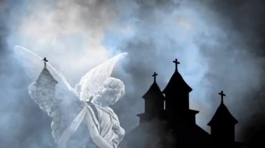 Kanatlarıyla çırpınan kadın meleğin animasyonu ve arka planda eski kilise siluetleri ve fırtına