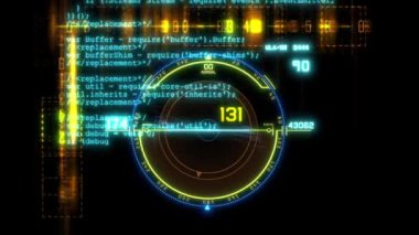 HUD teknolojik giriş. Bilim kurgu siber alanındaki dijital HUD hedefinde uçuyorum. Tekno arkaplan. Kod metniyle gelecek arayüzü.