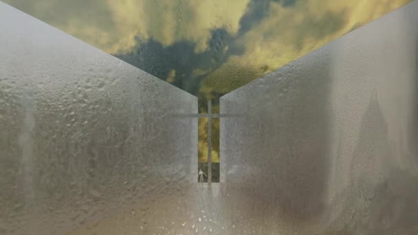 Перекресток Между Двумя Белыми Стенами Конце Анимированного Желтого Неба Заднем — стоковое видео