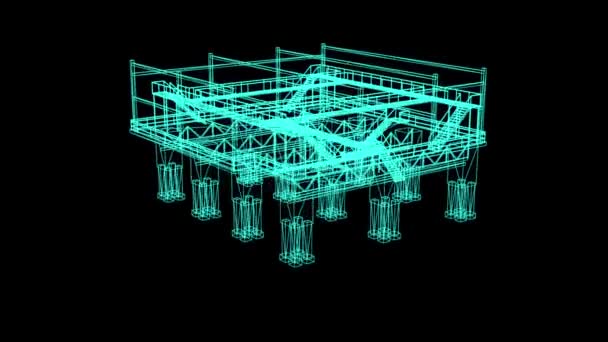 Rendering Modello Telaio Filo Piattaforma Industriale Sfondo Nero — Video Stock