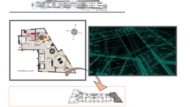 动漫展示了平面设计的技术图纸 非常详细 并准备好了房屋3D模型 — 图库视频影像
