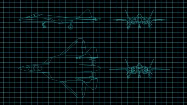 Animation Som Visar Teknisk Ritning Flygplanets Konstruktion Som Ritas Mycket — Stockvideo