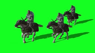 Ortaçağ Şövalyesi Ata Binmek ve Kılıçlarla ve Kalkanlarla Savaşmak - yeşil ekranda animasyon