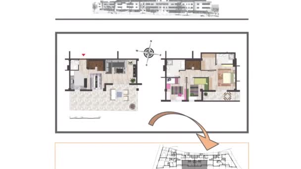 动漫展示了平面设计的技术图纸 非常详细 并准备好了房屋3D模型 — 图库视频影像