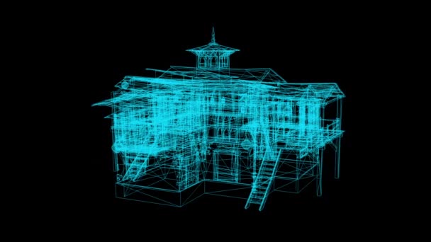 黑色背景下中世纪住宅的线框模型 3D渲染 — 图库视频影像
