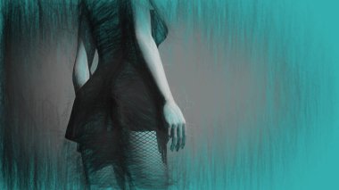 Siyah elbiseler içindeki seksi kızın üç boyutlu resmi.