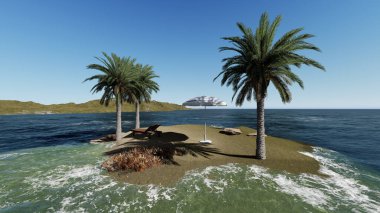 Güneşli bir günde sahilde şemsiye altında sandalyeler ve palmiye ağaçları - 3D rende