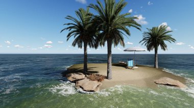 Güneşli bir günde sahilde şemsiye altında sandalyeler ve palmiye ağaçları - 3D rende