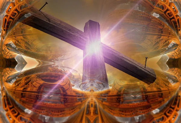 Rendering Wooden Cross Futuristic Backgroun — Stock Photo, Image