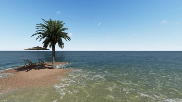 Krzesła Pod Parasolem Plaży Słoneczny Dzień Palmy Rende — Zdjęcie stockowe