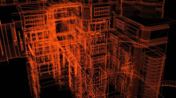 城市线框模型 3D渲染 — 图库照片