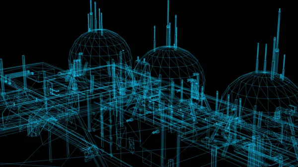 3d rendering - wire frame model of industrial building