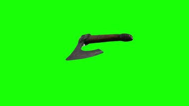 Eski ya da fantezi bir baltanın üç boyutlu detaylı çizimi, pürüzsüz bir şekilde dönüyor. Tarihi, oyun ya da fantezi projeleri için mükemmel. Kolay bileşim ve görsel efektler için parlak yeşil bir ekranda izole edilmiş..